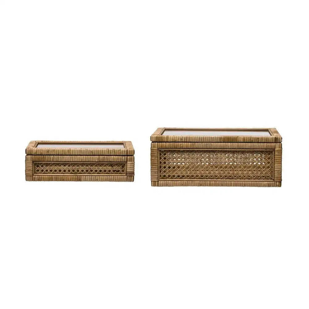 Woven Rattan & Wood Display Boxes with Glass Lid, Set of 2 Eco My Home Decorative Boxes White Cliff Studio ecomyhome.store United States