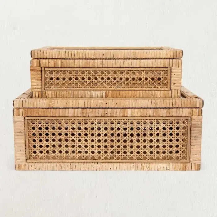Woven Rattan & Wood Display Boxes with Glass Lid, Set of 2 Eco My Home Decorative Boxes White Cliff Studio ecomyhome.store United States