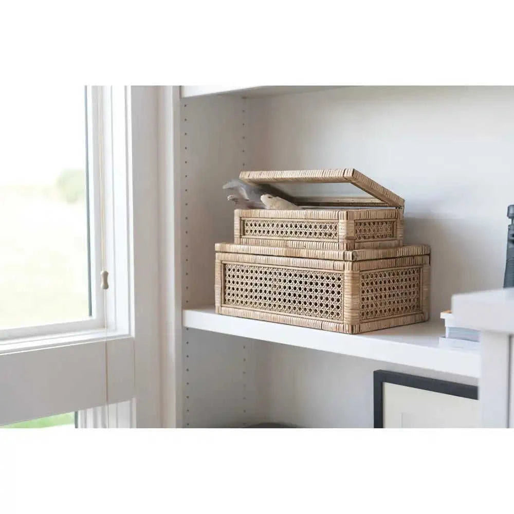 Woven Rattan & Wood Display Boxes with Glass Lid, Set of 2 Eco My Home Decorative Boxes White Cliff Studio ecomyhome.store United States