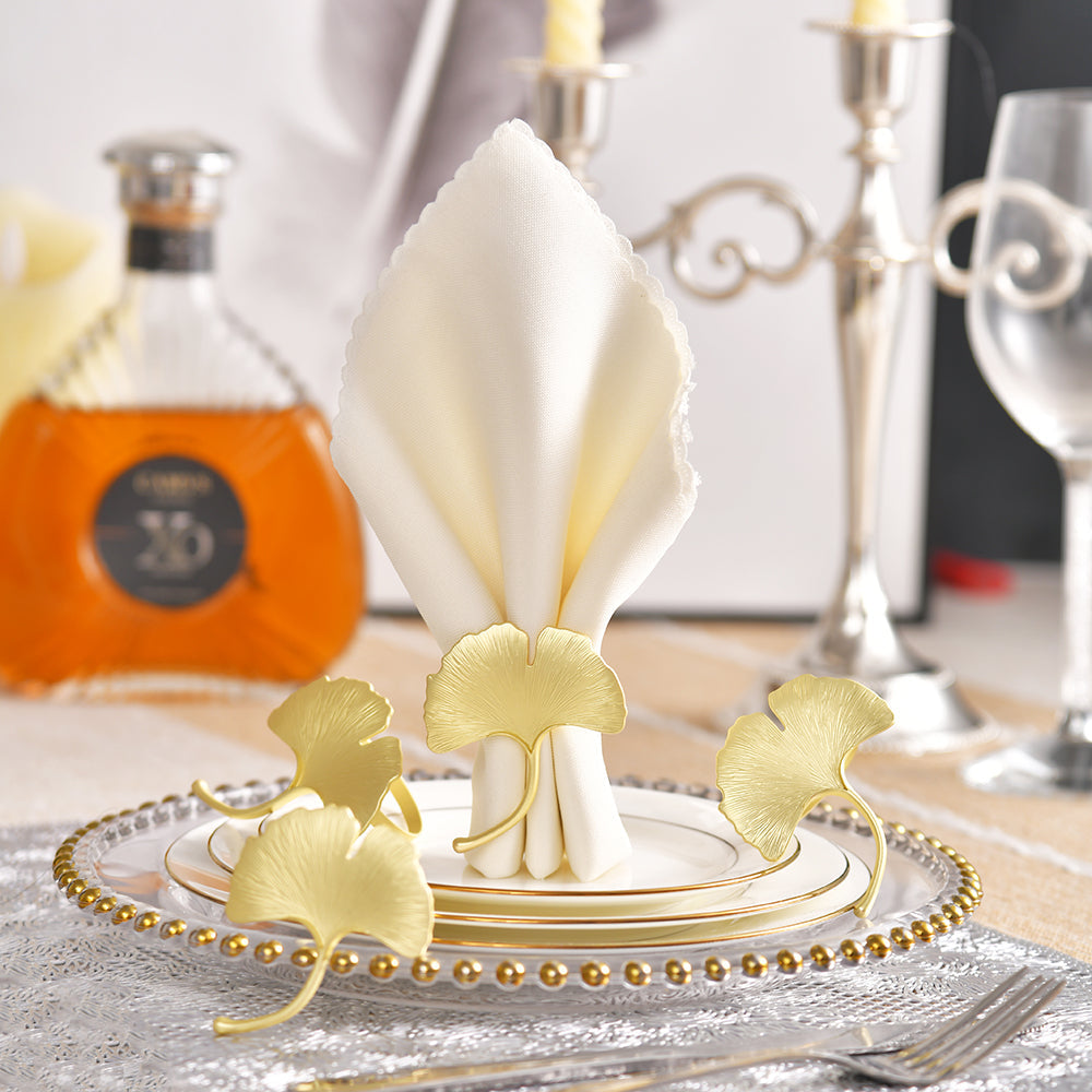 Auric Bloom – Napkin Rings in Gold Leaf Design, Stylish Decorative Dining Table Accent