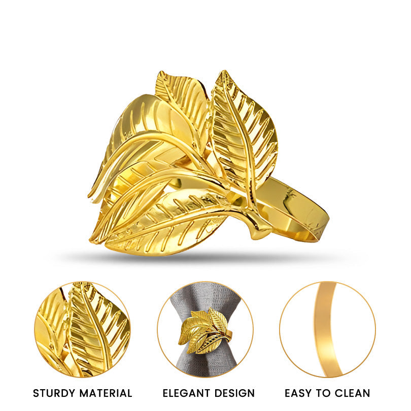 Gilded Bloom – Napkin Rings in Gold Leaves Design, Luxurious Decorative Dining Table Décor
