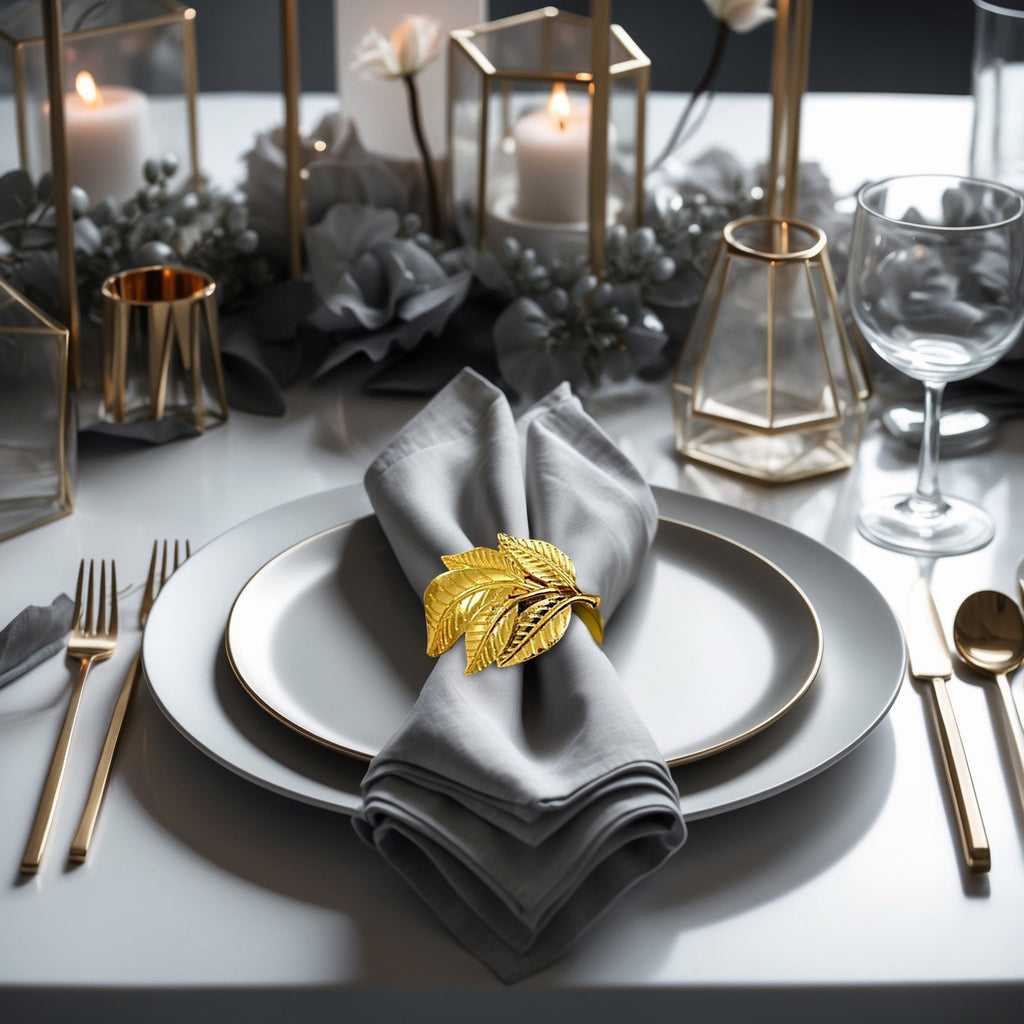 Gilded Bloom – Napkin Rings in Gold Leaves Design, Luxurious Decorative Dining Table Décor