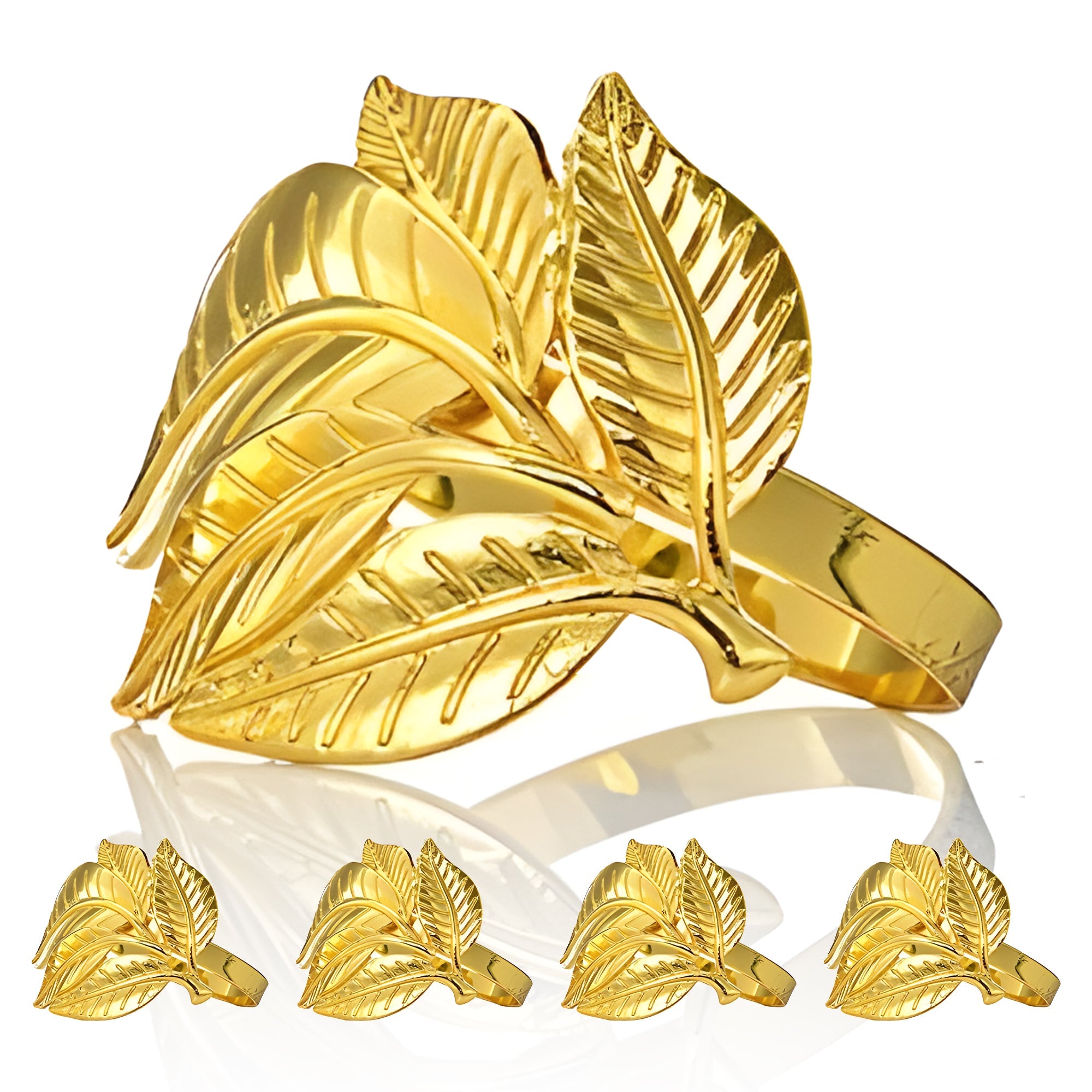 Gilded Bloom – Napkin Rings in Gold Leaves Design, Luxurious Decorative Dining Table Décor