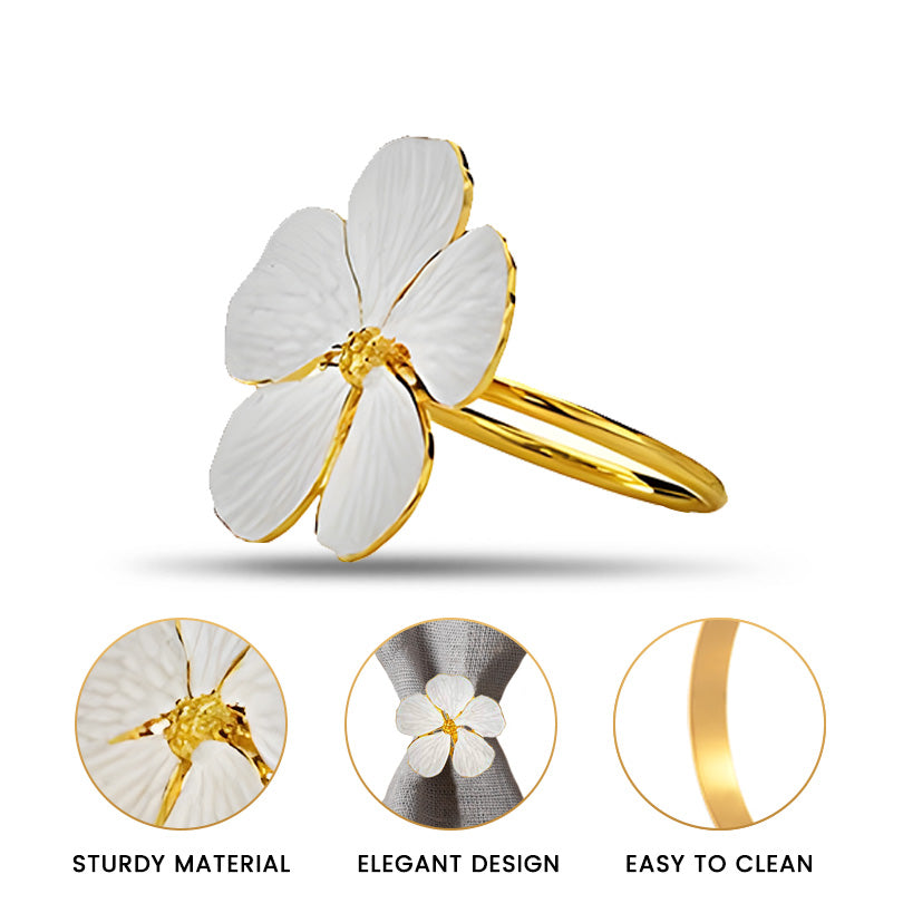 Floral Radiance – Napkin Rings in Gold White Flower Design, Luxurious Decorative Dining Table Décor