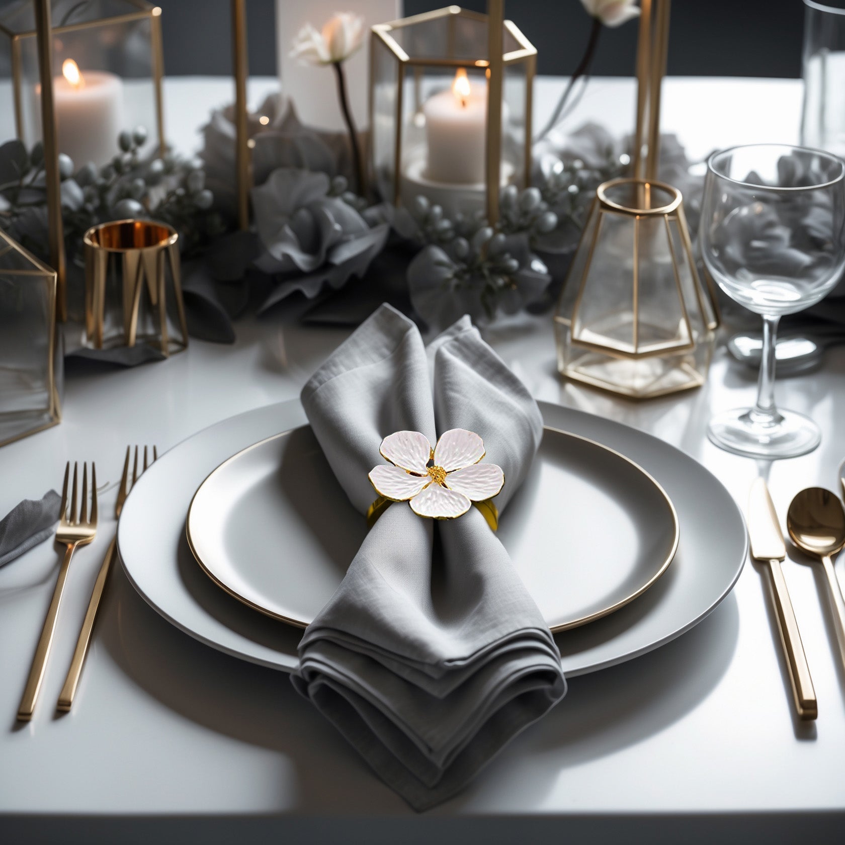 Floral Radiance – Napkin Rings in Gold White Flower Design, Luxurious Decorative Dining Table Décor